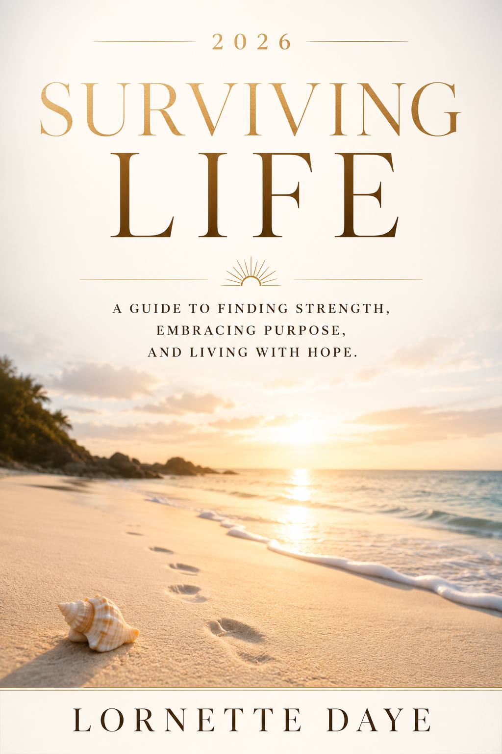 Surviving Life 2026 book cover: beach at sunrise with footprints in the sand.