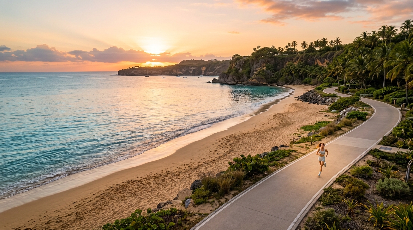 Scenic coastal running track along ocean shoreline at golden sunrise