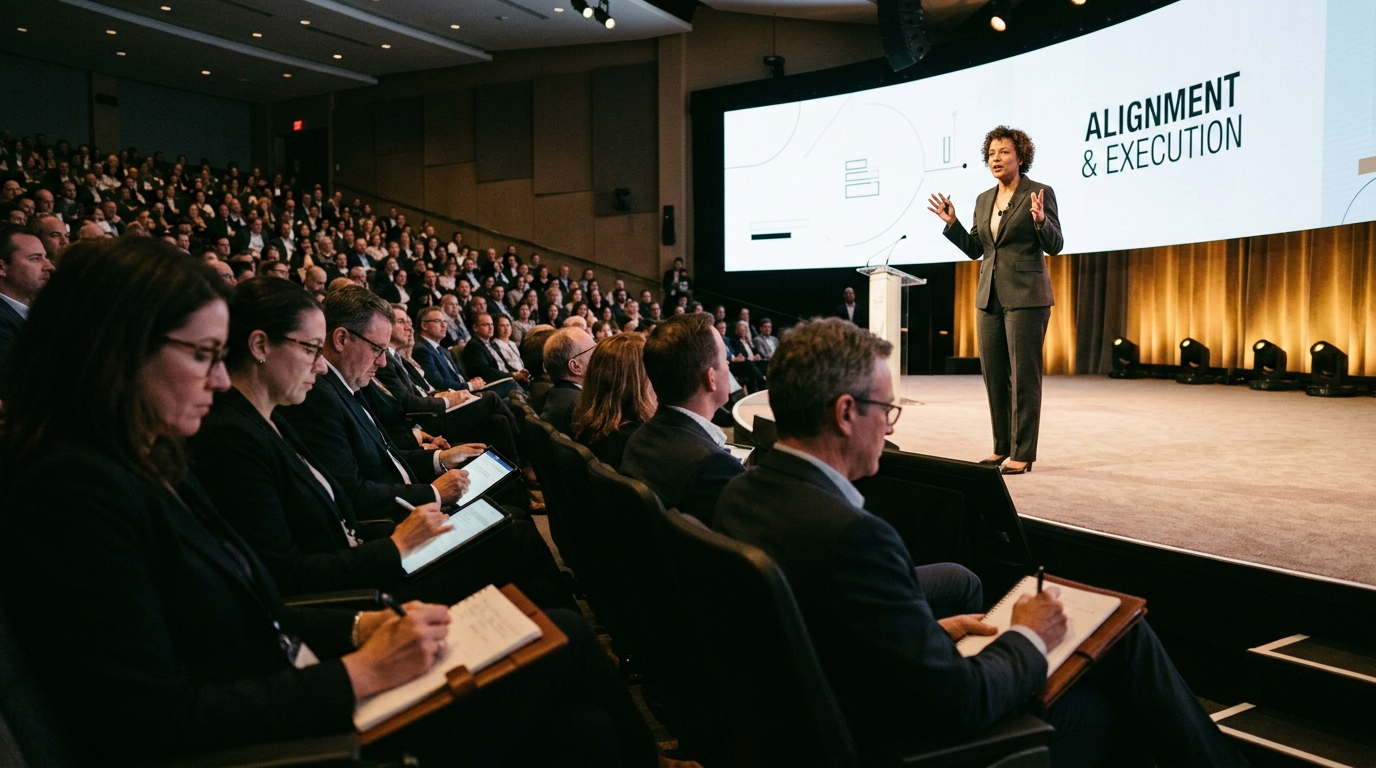 Keynote address and executive briefing for corporate leaders in conference auditorium