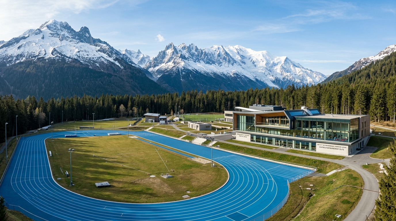 State-of-the-art Alpine high-performance sports training institute with blue running track in mountain foothills