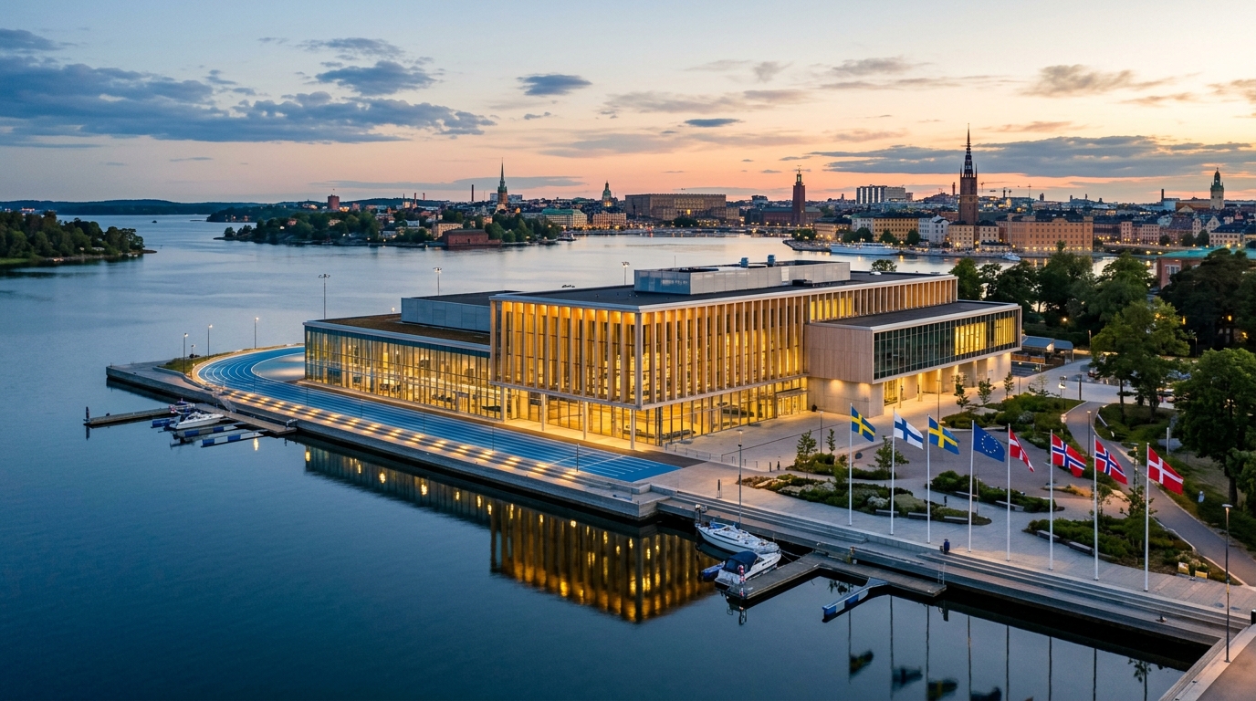 Modern Scandinavian waterfront sports science pavilion with illuminated training track on the archipelago