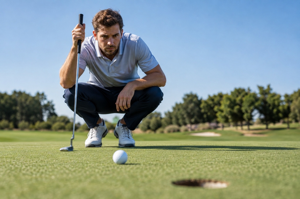 Competitive golfer crouching on putting green lining up putt under tournament pressure