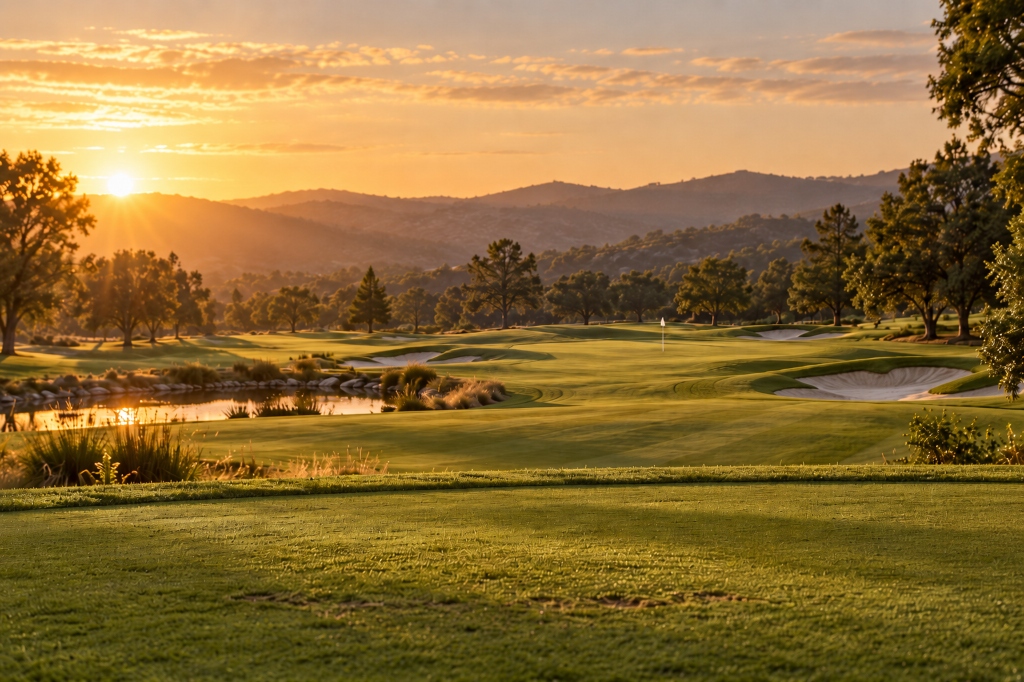 Championship golf course fairway and green at golden sunset with scenic mountain backdrop