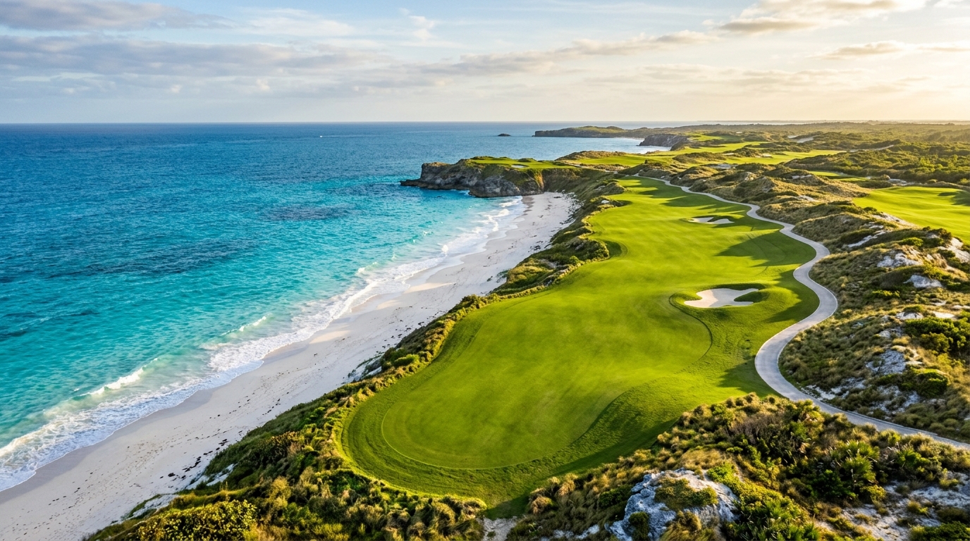 Coastal links golf course fairway along ocean cliffside at sunset
