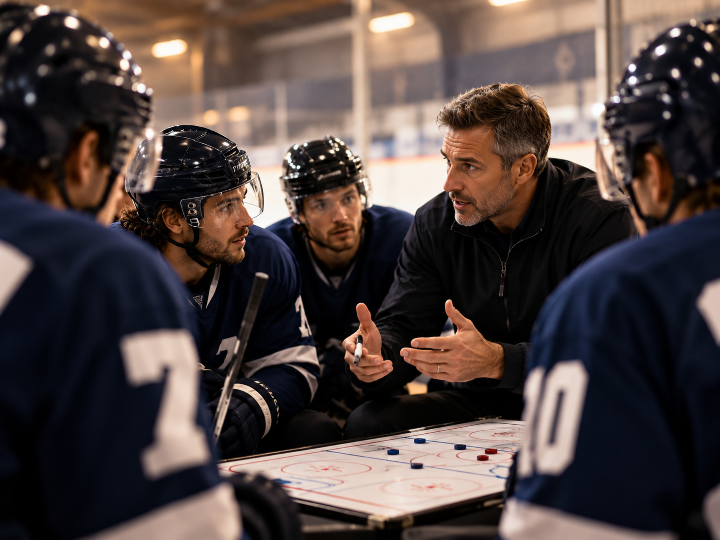 Hockey head coach breaking down neutral zone strategy on locker room whiteboard with players