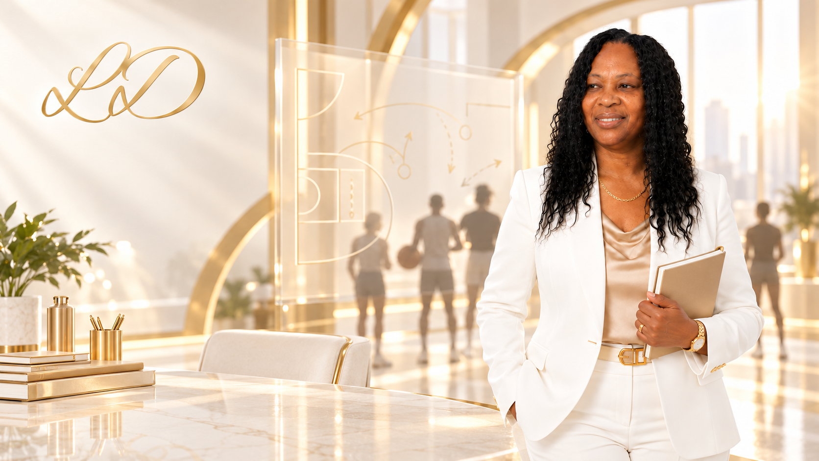 Lornette Daye holding a tactical playbook beside an architectural glass strategy board in an executive athletic facility