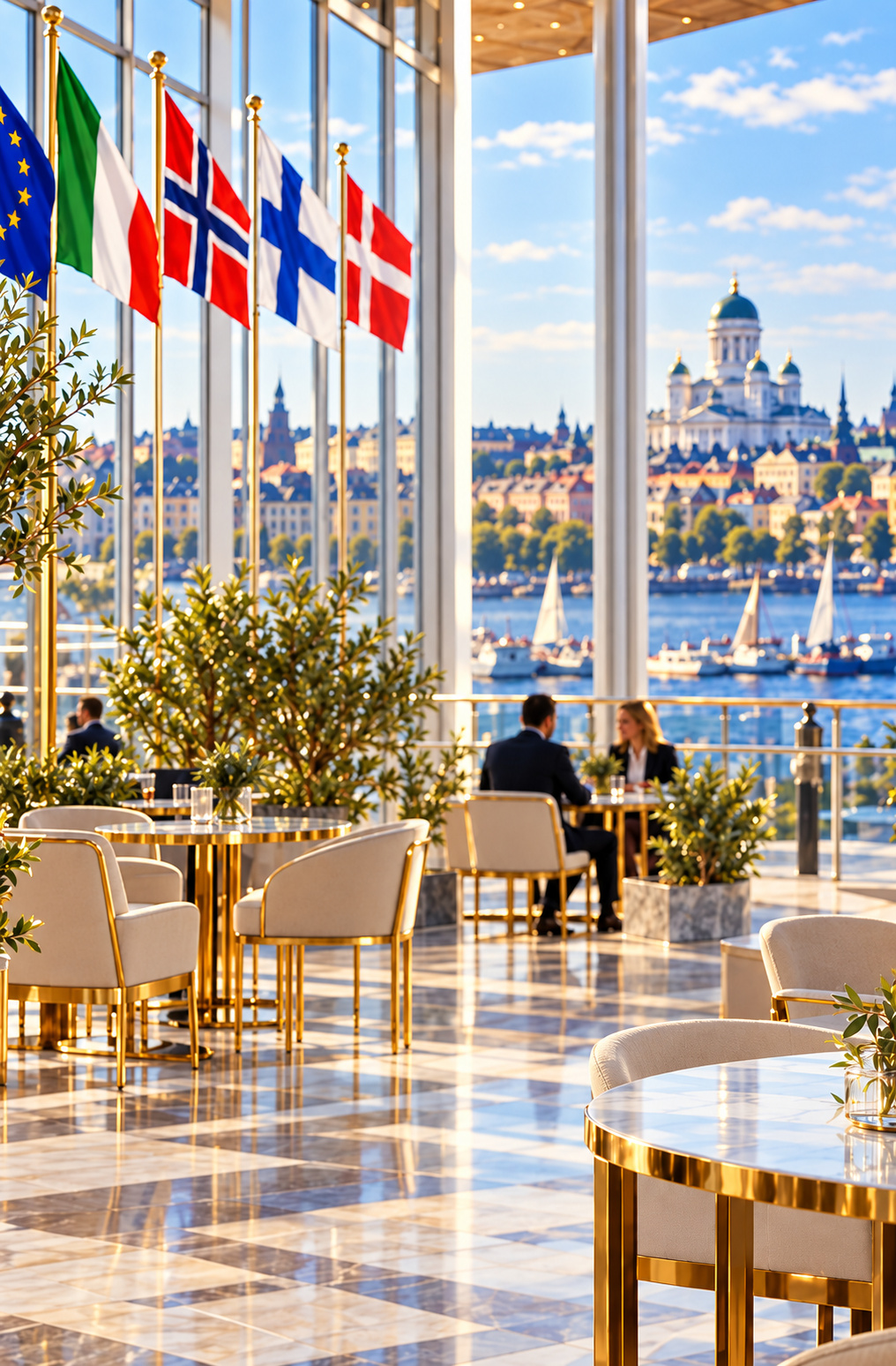 Sunlit luxury European lounge with international flags overlooking historic cathedral waterfront