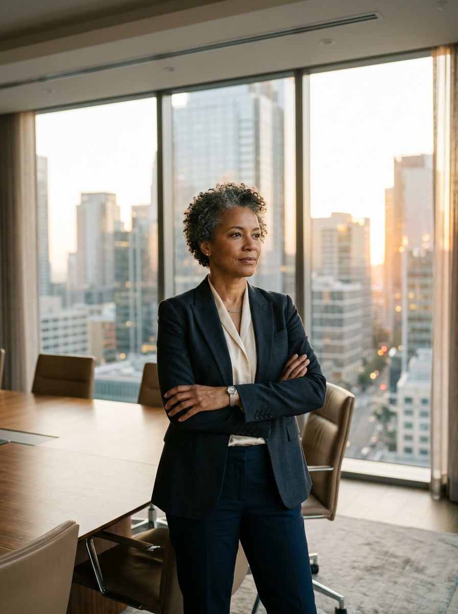 Diverse executive leadership team in high-level corporate boardroom