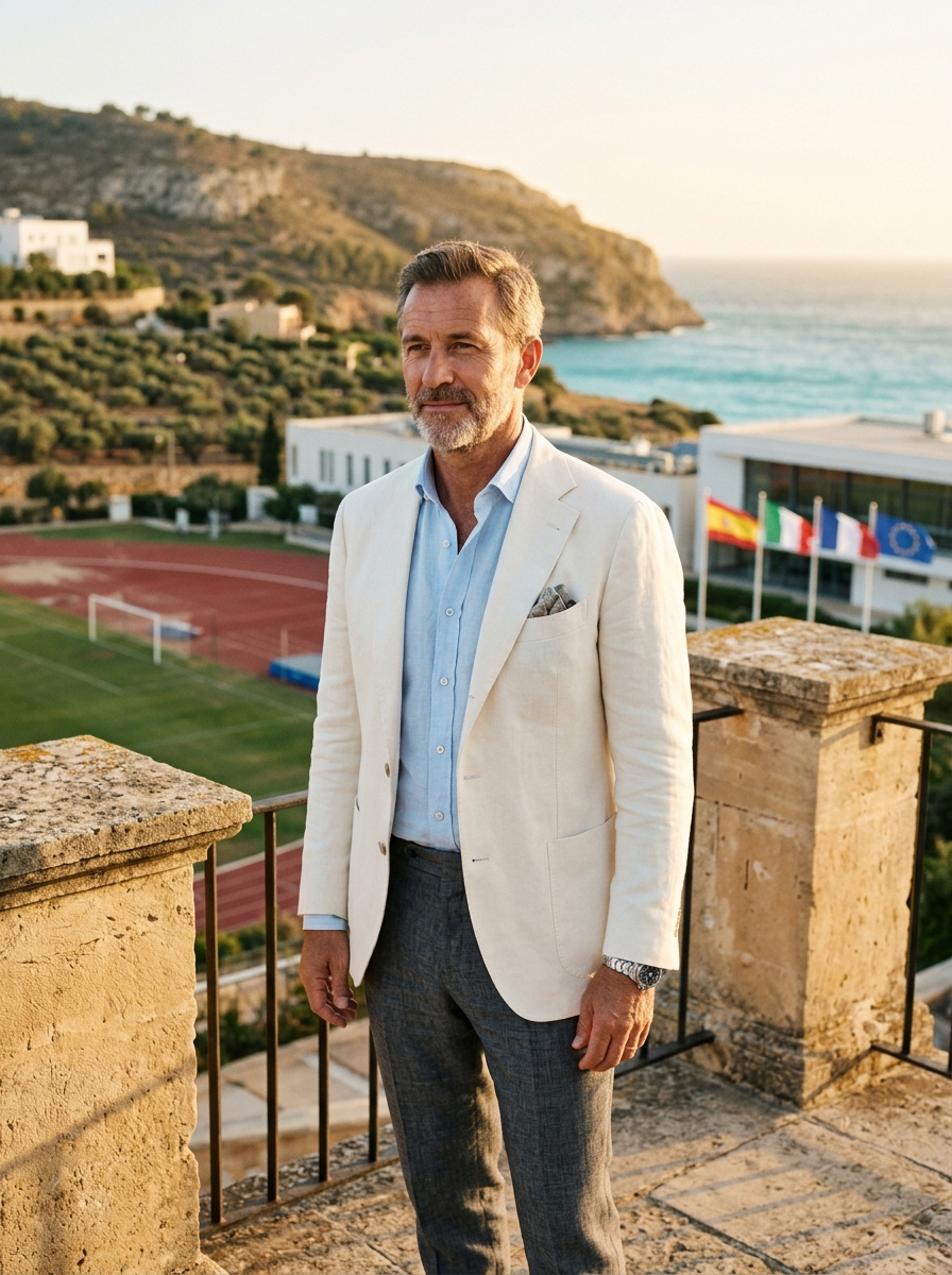 Diverse athletes and sports leaders on panoramic alpine academy terrace