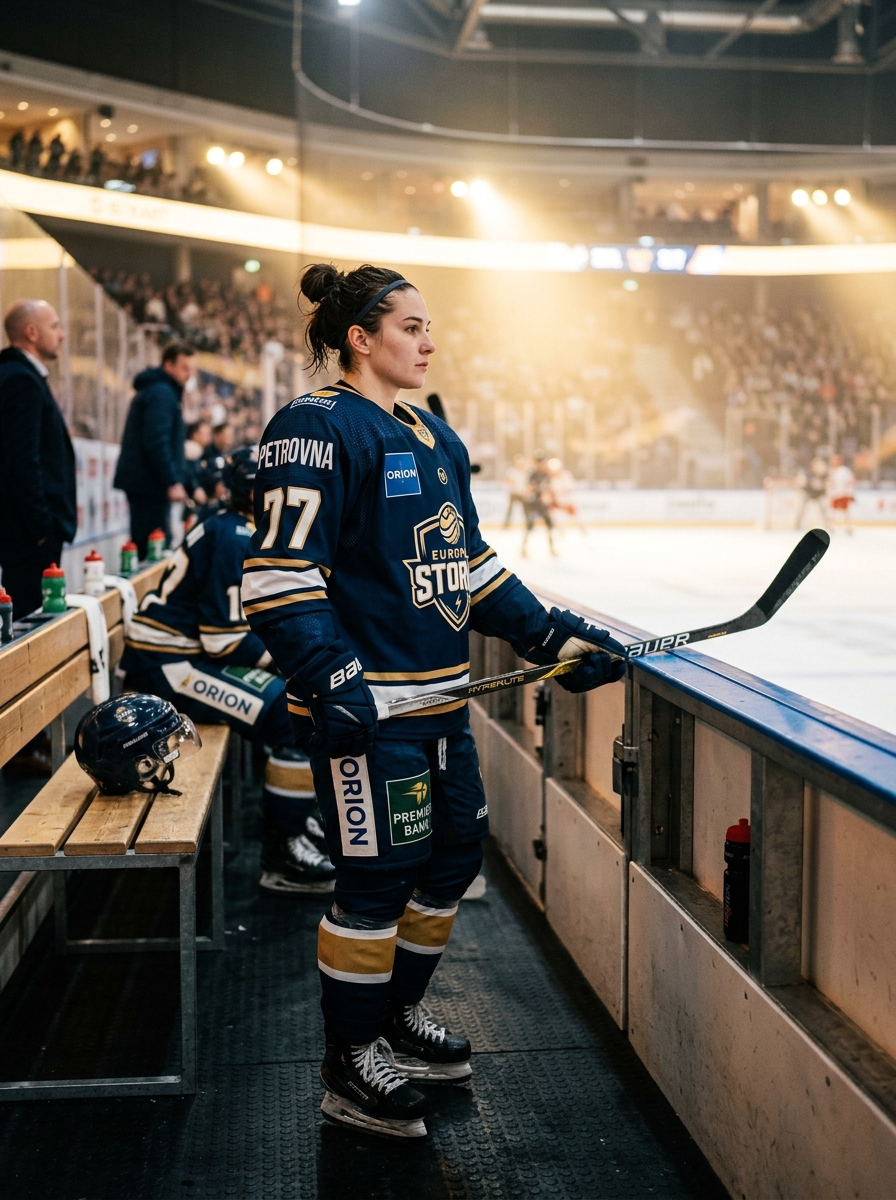 Diverse elite hockey players at rink bench in dramatic arena light